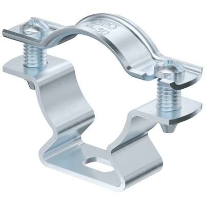 Rohrschelle aus Metall, bestehend aus zwei Teilen mit Schrauben, zur Befestigung von Rohren an Wänden oder anderen Oberflächen.