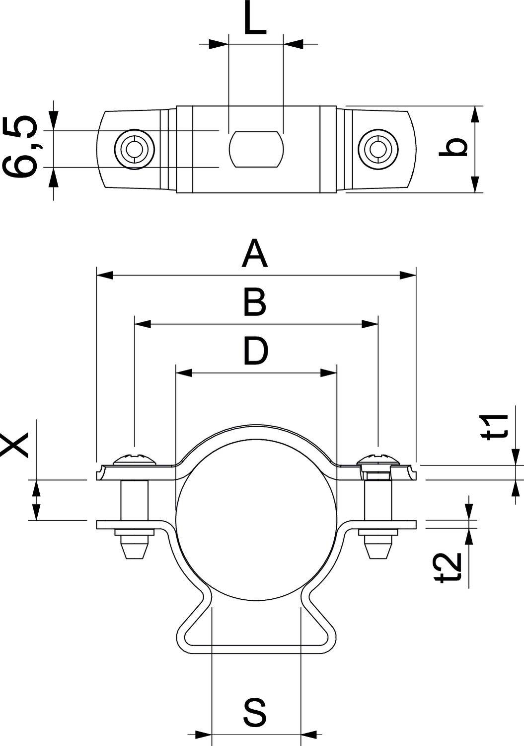 Technische Zeichnung eines Rohrschellenmantels mit Maßangaben: L, b, A, B, D, S, X, t1, t2. Gibt Details zu Größen und Abständen.