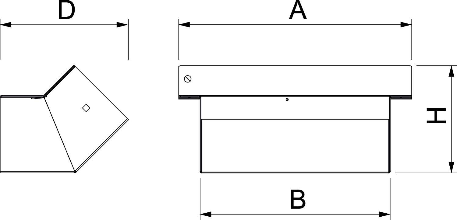 'Technische Zeichnung eines rechteckigen Objekts mit den Maßen A, B, D und H. Seitliche und frontale Ansichten sind dargestellt.'