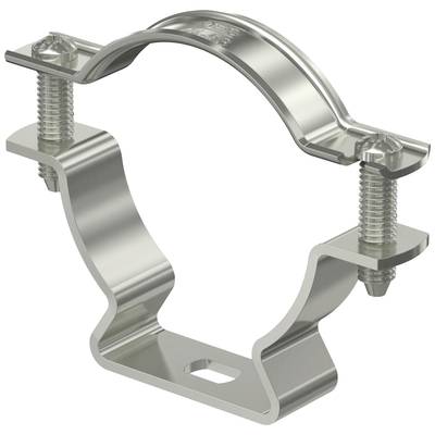 Metallschelle mit zwei Schrauben, geeignet zur Befestigung von Rohren oder Kabeln an einer Oberfläche.