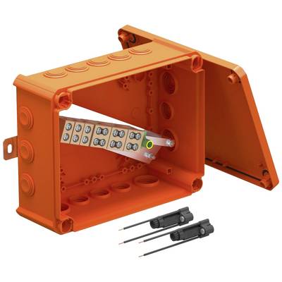 Orangefarbene, offene Kunststoffdose mit abnehmbarem Deckel und Klemmenleiste innen. Zwei schwarze Stecker liegen daneben.