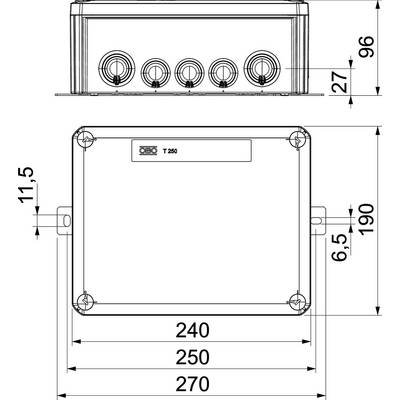 Technische Zeichnung eines rechteckigen Gehäuses mit Maßen: Breite 270mm, Höhe 190mm, Tiefe 96mm. Anschlüsse an der Vorderseite.