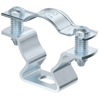 Metallklemme mit zwei Schrauben, die zum Befestigen von Rohren oder Kabeln an einer Oberfläche verwendet wird.