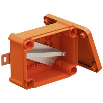 Orange Verbindungskasten mit abgenommenem Deckel, zeigt innenliegende Befestigungsschrauben und Metallstreben. Geeignet für Elektroinstallationen.