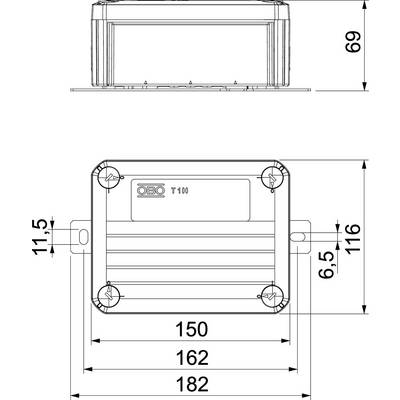 Technische Zeichnung eines rechteckigen Geräts mit Maßen: 69, 162 und 116 mm. Details zeigen Schraubenpositionen und eine markierte Fläche mit 'T 100'.