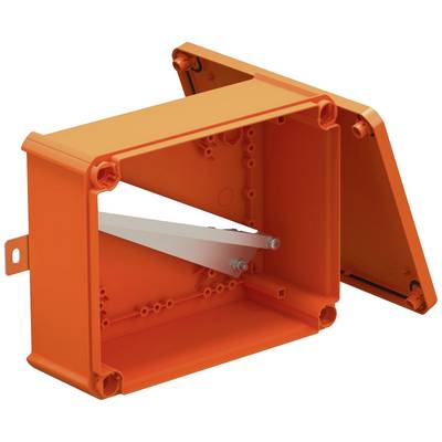Orange, rechteckige Kunststoffbox mit abnehmbarem Deckel und einer Metallstrebe im Inneren. Bohrungen sind auf allen Seiten sichtbar.