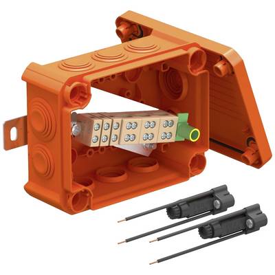 Orangefarbene Elektroanschlussdose mit abnehmbarem Deckel, integrierter Kabelklemme und drei schwarzen Stromanschlusskabeln.