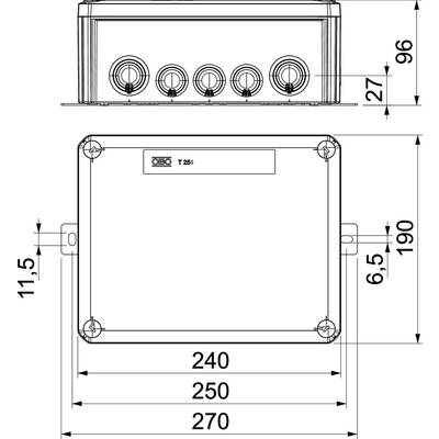 Technische Zeichnung eines rechteckigen Gerätekastens mit Maßangaben. Ansicht von vorne und der Seite. Maße: Breite 270, Höhe 190 mm.