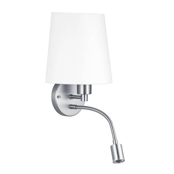 Wandleuchte mit weißem Schirm und flexiblem Leselichtarm aus Metall, geeignet für Schlafzimmer oder Wohnzimmerbeleuchtung.