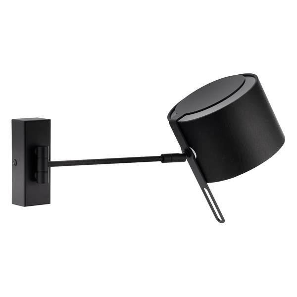 Eine schwarze Wandleuchte mit rundem Schirm und langem, verstellbarem Arm. Ideal für gezieltes Licht in modernen Räumen.