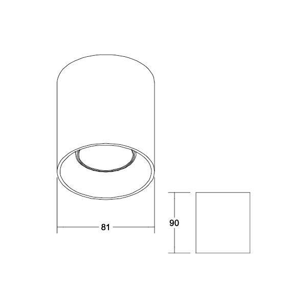 Skizze einer zylindrischen Deckenleuchte mit den Maßen: Durchmesser 81 mm, Höhe 90 mm. Draufsicht und Seitenansicht.