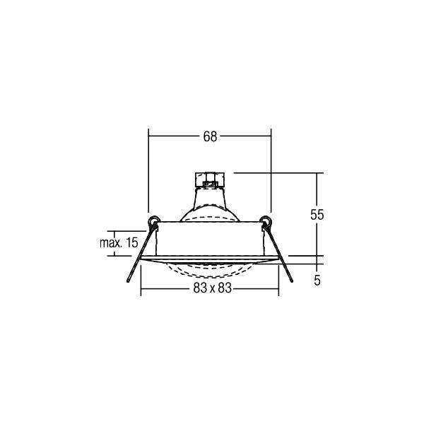Technische Zeichnung eines Deckeneinbaustrahlers mit Abmessungen: Breite 68 mm, Höhe 55 mm, Einbauöffnung 83 x 83 mm.