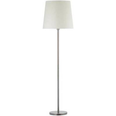 Eine schlanke, moderne Stehlampe mit einem weißen, kegelförmigen Lampenschirm und einem silbernen, zylindrischen Ständer.