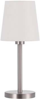 Tischlampe mit silbernem Metallfuß und weißem Lampenschirm, steht aufrecht.