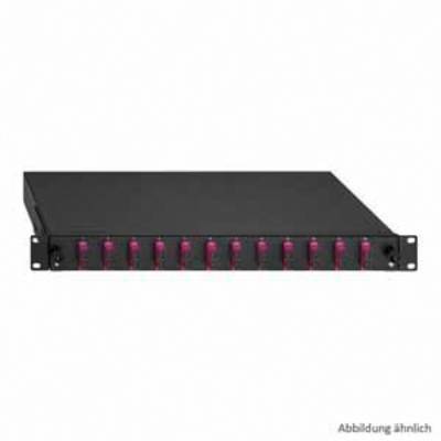 Schwarzer 1U-Rackmount-Switch mit roten Ports, geeignet für Rechenzentren oder Serverräume, zeigt zwanzig sichtbare Anschlüsse in Frontansicht.