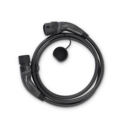 'Elektroladekabel mit Stecker und Abdeckung, bereit zur Nutzung. Geeignet für das Aufladen von Elektrofahrzeugen.'