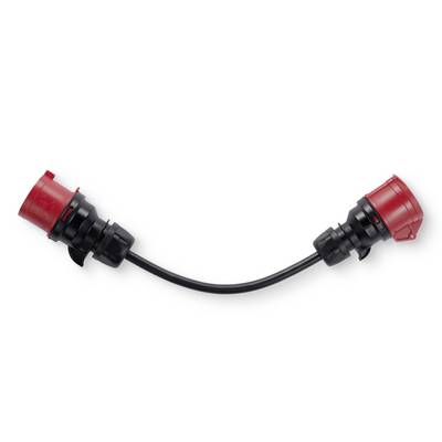 Ein schwarzes Kabel mit roten Steckverbindern an beiden Enden, das zur elektrischen Verbindung von Geräten verwendet wird.