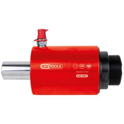 Roter Hydraulikzylinder von KS Tools mit Kapazität von 45 Tonnen, Druckventil oben.