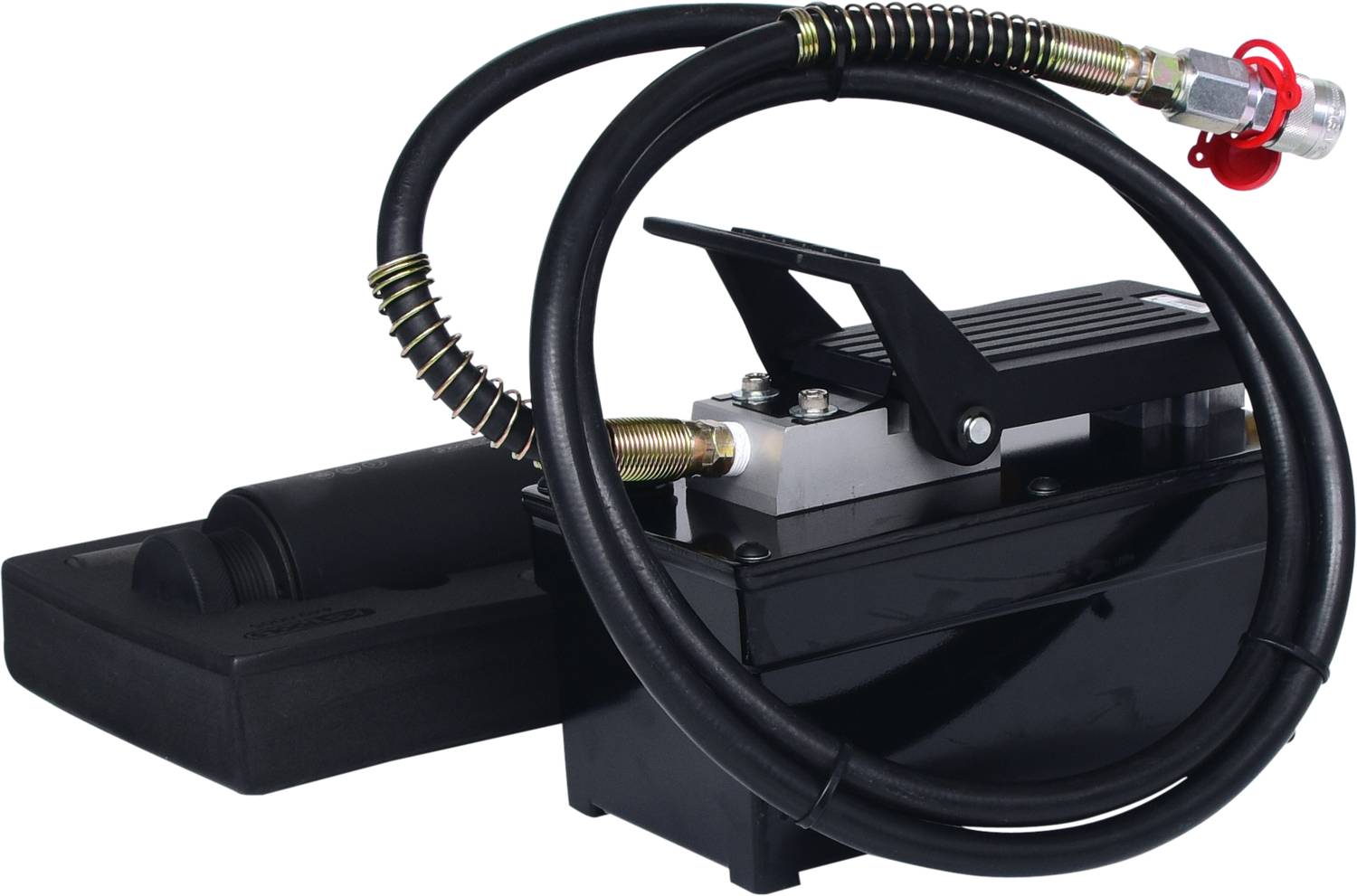 Hydraulikfußpumpe mit einem schwarzen Gehäuse, Druckventil und einem angeschlossenen Schlauch mit Metallkupplung.