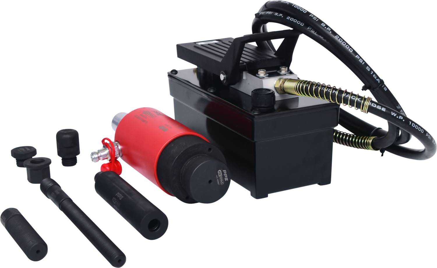 Tragbare Hydraulikpumpe mit rotem Zylinder und Anschlusszubehör, verwendet zur Betätigung von hydraulischen Werkzeugen in Industrieanwendungen.