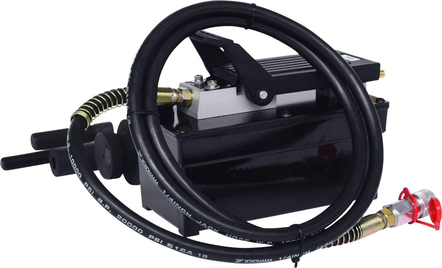 Hydraulische Pumpe mit schwarzem Gehäuse und angeschlossenem Schlauch, geeignet für Industrie- oder Werkstattanwendungen.