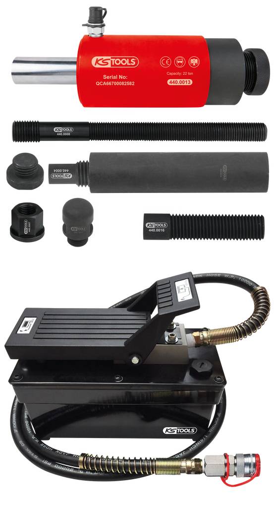 Hydraulik-Zugzylinder-Set bestehend aus Zylinder, Verlängerungen, Rohr, Zugstücken und einer Handpumpe von KS Tools.