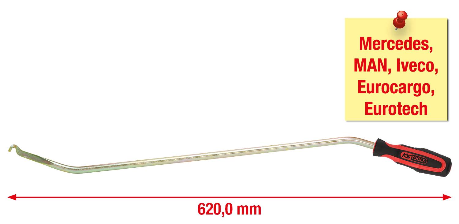 Metallwerkzeug mit rotem Griff, 620 mm lang. Notizzettel mit den Marken 'Mercedes, MAN, Iveco, Eurocargo, Eurotech' oben rechts angeheftet.