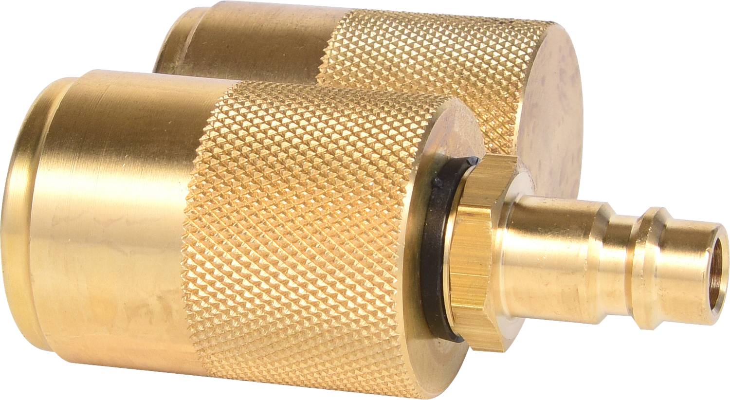Ein goldener Schnellkupplungsstecker aus Metall mit gerändelter Oberfläche, der für den Anschluss an Druckluftsysteme verwendet wird.