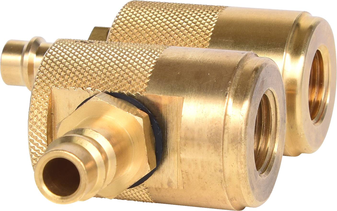 Zwei goldene Messingkupplungen mit gerändelter Oberfläche, nebeneinander liegend.