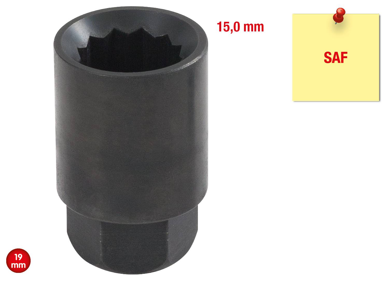 Schwarze Stecknuss 15,0 mm und 19 mm Durchmesser, neben gelbem Notizzettel mit rotem Stift beschriftet 'SAF'.