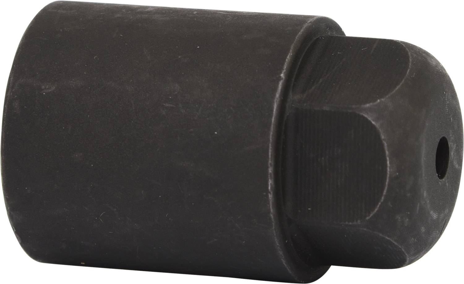 Schwarzer zylindrischer Adapter mit einem Loch auf der flachen Seite, vermutlich für technische oder mechanische Anwendungen.