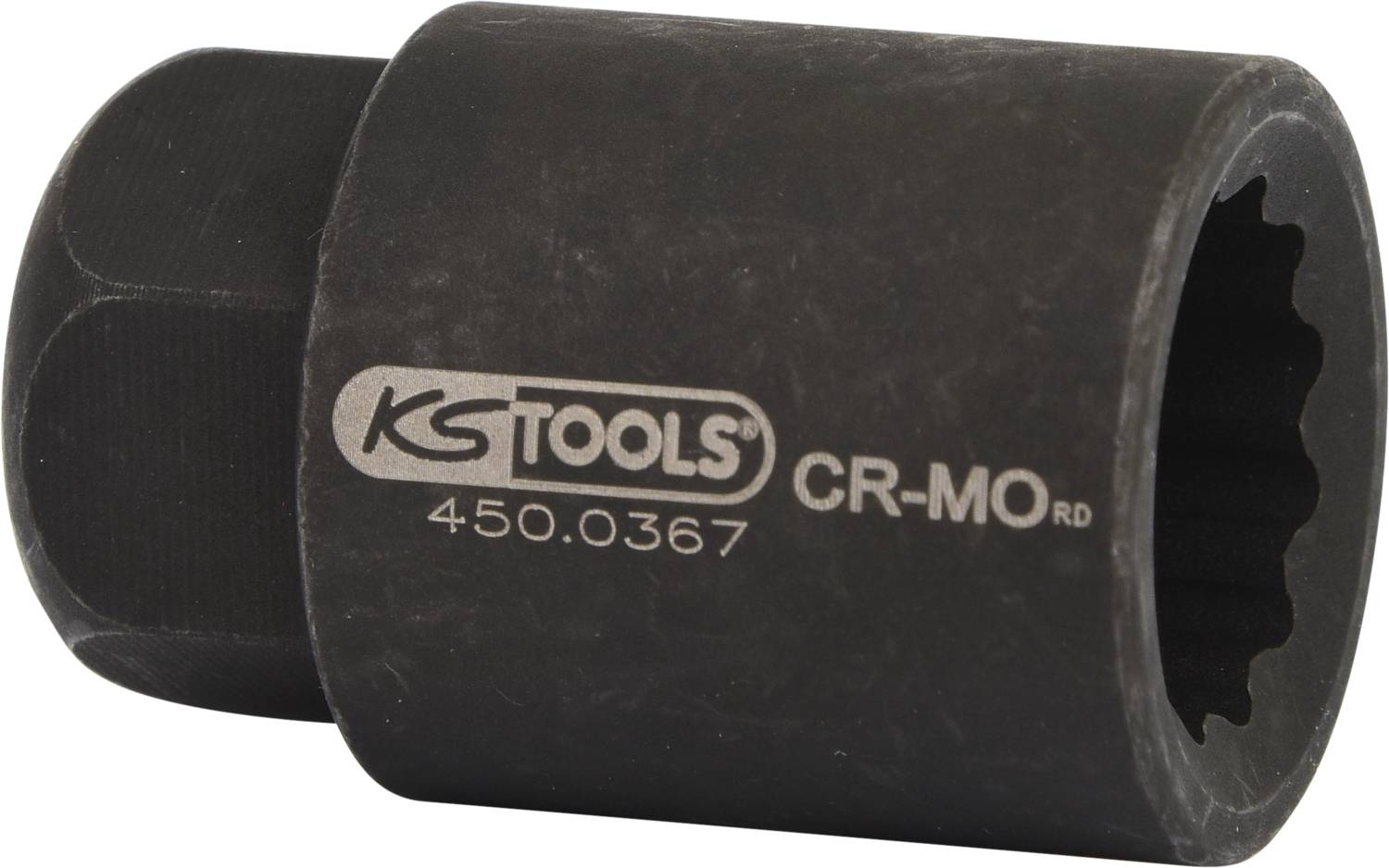 Eine CR-MO-Stecknuss von KS Tools mit der Nummer 450.0367. Sie hat eine sechskantige Öffnung für das Anziehen oder Lösen von Schrauben.