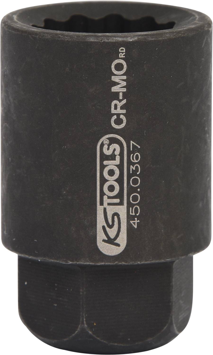 'Schwarze Stecknuss mit Aufschrift „KS Tools CR-MO 450.0367“. Stabiles Design für den Einsatz im Bereich Mechanik oder Reparatur.'