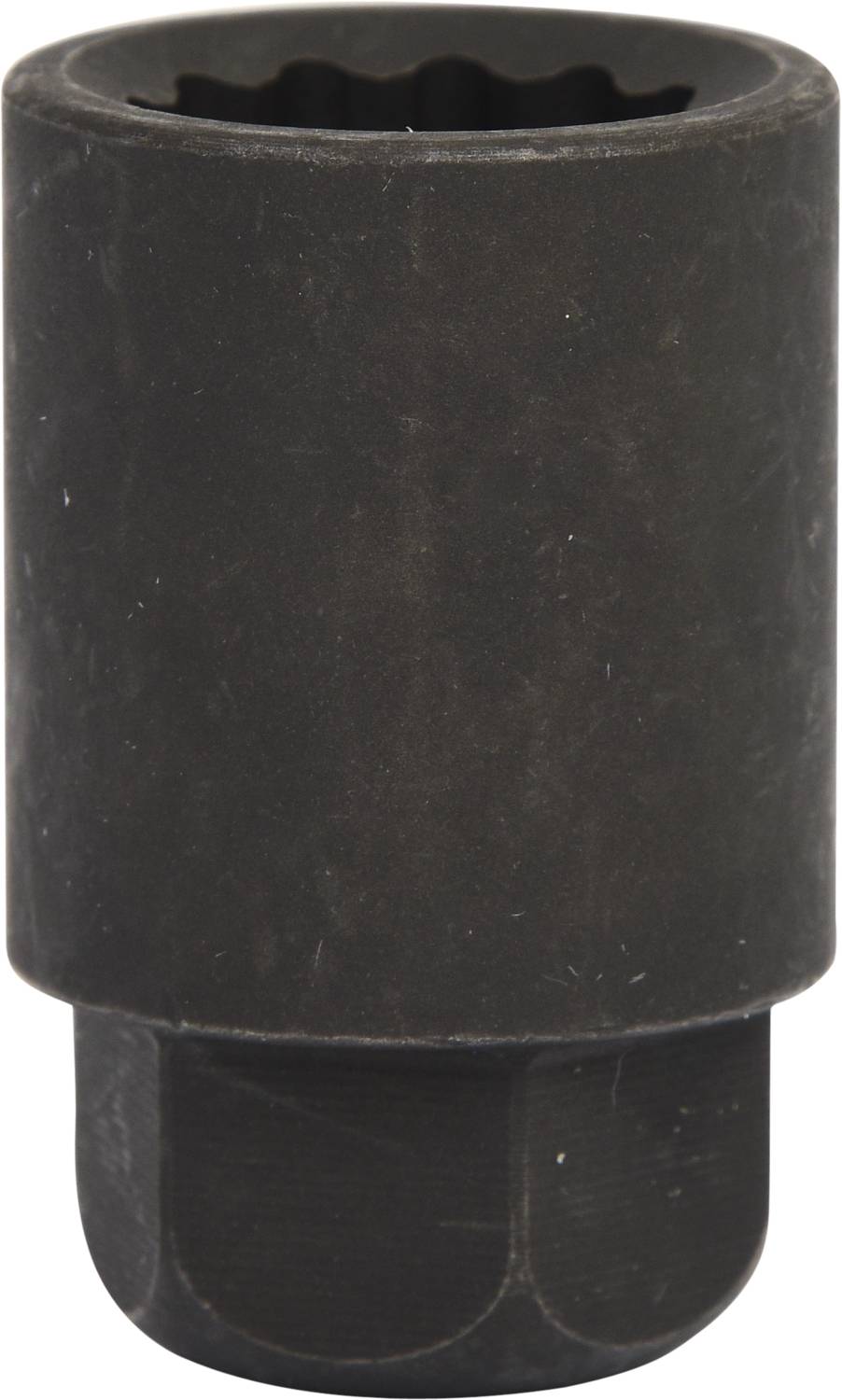 Ein schwarzer, zylindrischer Steckschlüsselaufsatz aus Metall.