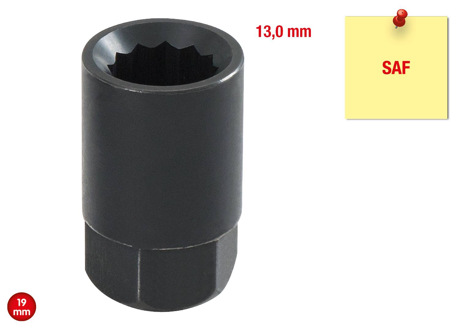 Eine schwarze Schraubnuss, 13,0 mm, wird gezeigt. Daneben ein gelber Zettel mit rotem Text 'SAF'.