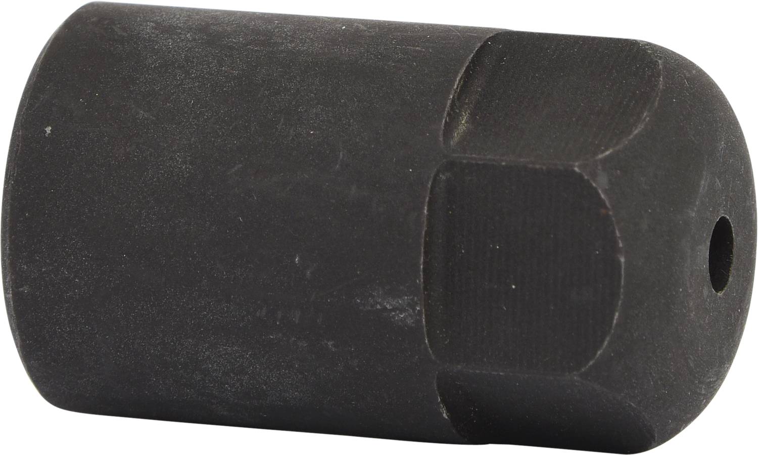 Schwarze, zylindrische Metallmutter mit sechseckigem Kopf und einem Loch in der Mitte, vermutlich für mechanische Befestigung.