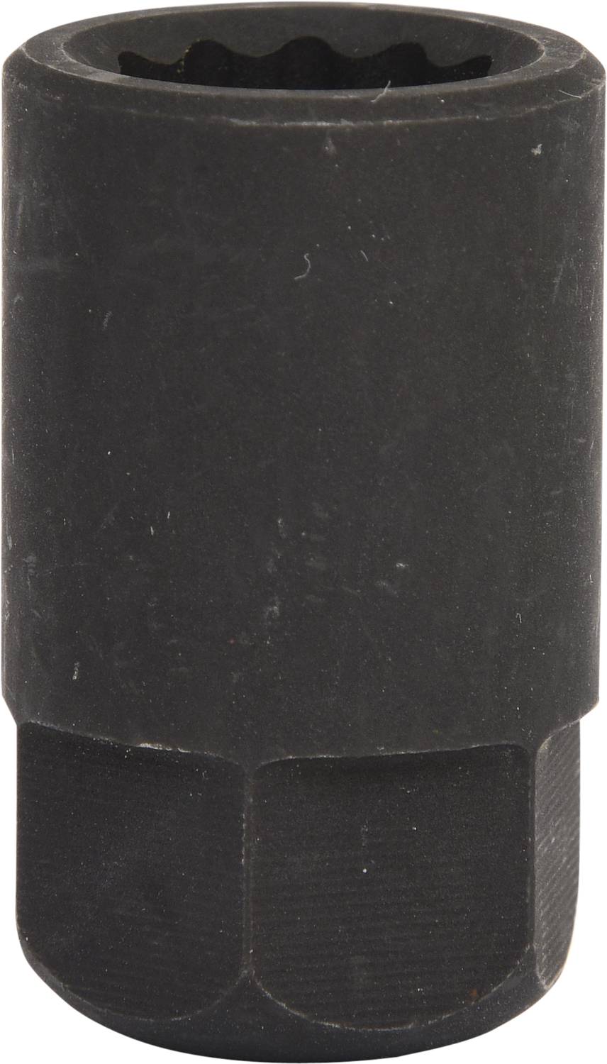 Eine schwarze Stecknuss aus Metall, zylinderförmig mit einem sechseckigen Innenraum, steht senkrecht vor einem neutralen Hintergrund.