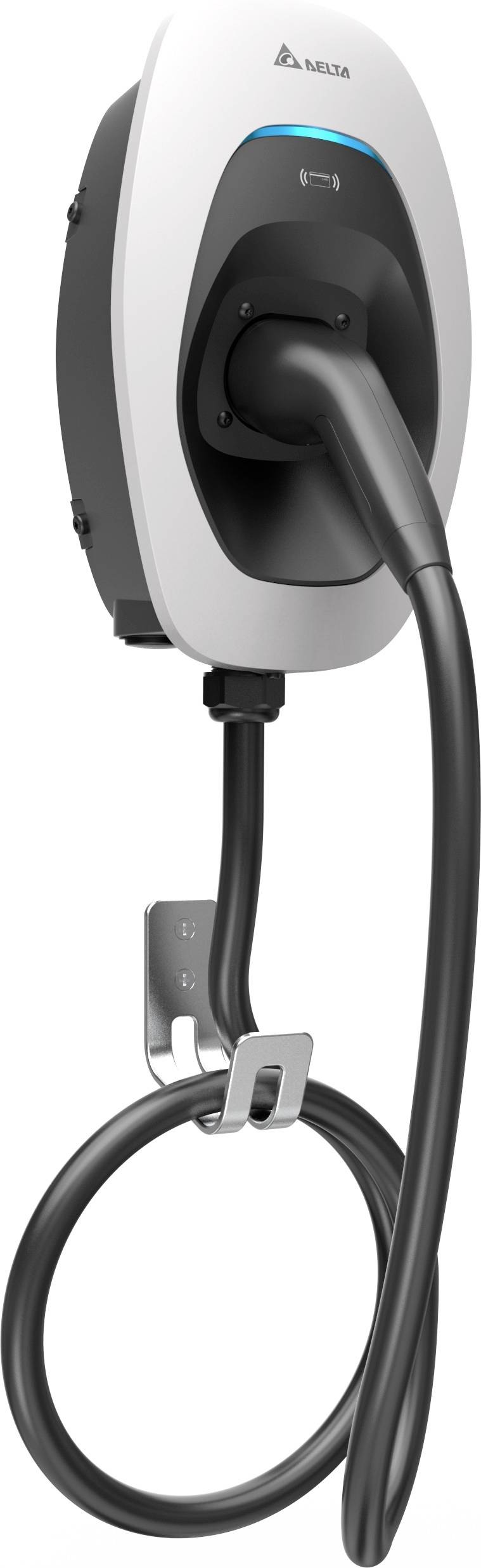 Wandmontierte Ladestation für Elektroautos mit angeschlossenem Ladekabel, geeignet für den Gebrauch im Innen- und Außenbereich.