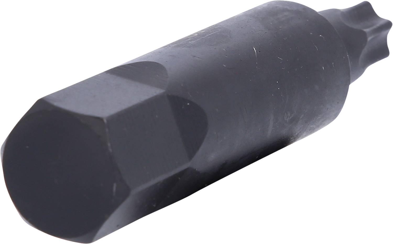 Ein schwarzer, metallischer Schraubendreher-Bit mit sternförmiger Spitze und sechskantigem Schaft zur Verwendung mit Elektrowerkzeugen.