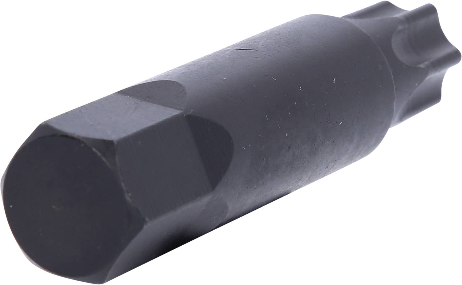Schwarzer, sechseckiger Steckschlüsselaufsatz mit sternförmiger Spitze, geeignet für spezielle Schrauben in mechanischen Anwendungen.