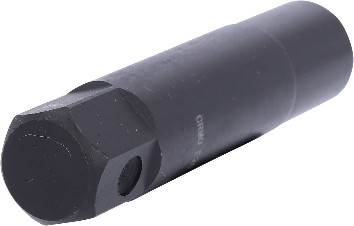 Ein schwarzer Sechskantadapter aus Metall, wahrscheinlich ein Werkzeugaufsatz.