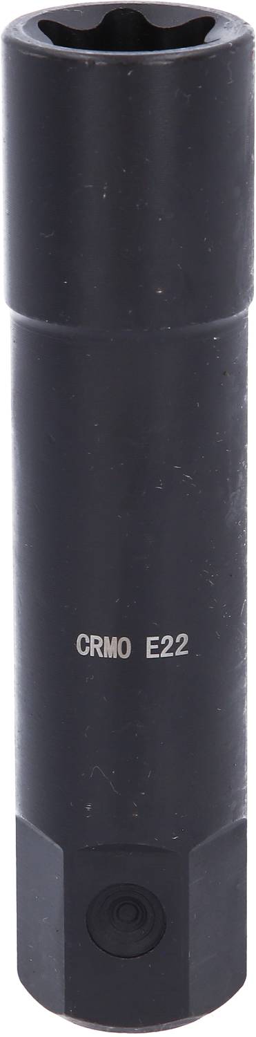 Schwarze Stecknuss aus Chrom-Molybdän-Stahl mit der Aufschrift 'CRMO E22', zylindrische Form, geeignet für hohe Stabilität und Langlebigkeit.