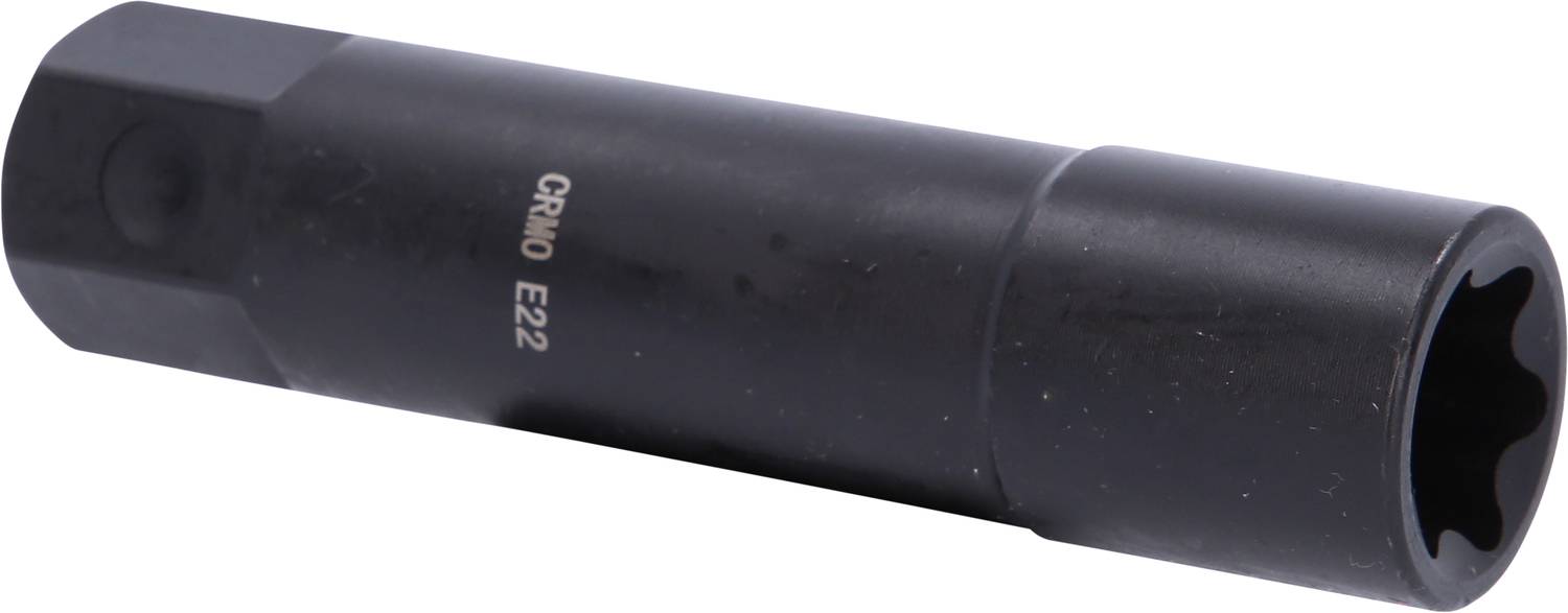 Ein schwarzer Steckschlüssel mit der Aufschrift 'CRMO E22'. Hauptsächlich zur Verwendung in mechanischen Anwendungen geeignet.