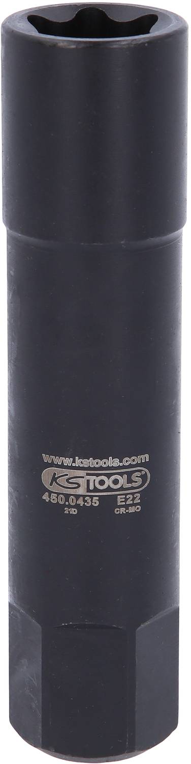 Schwarze Sechskant-Stecknuss mit der Aufschrift 'KS TOOLS, www.kstools.com, 450.6435, E22'.