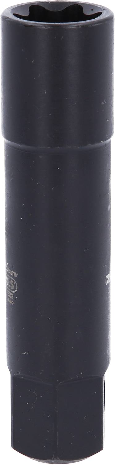 Ein schwarzer, zylindrischer Schraubenschlüsseladapter mit sechseckiger Basis für die Montage oder Demontage von Schrauben.