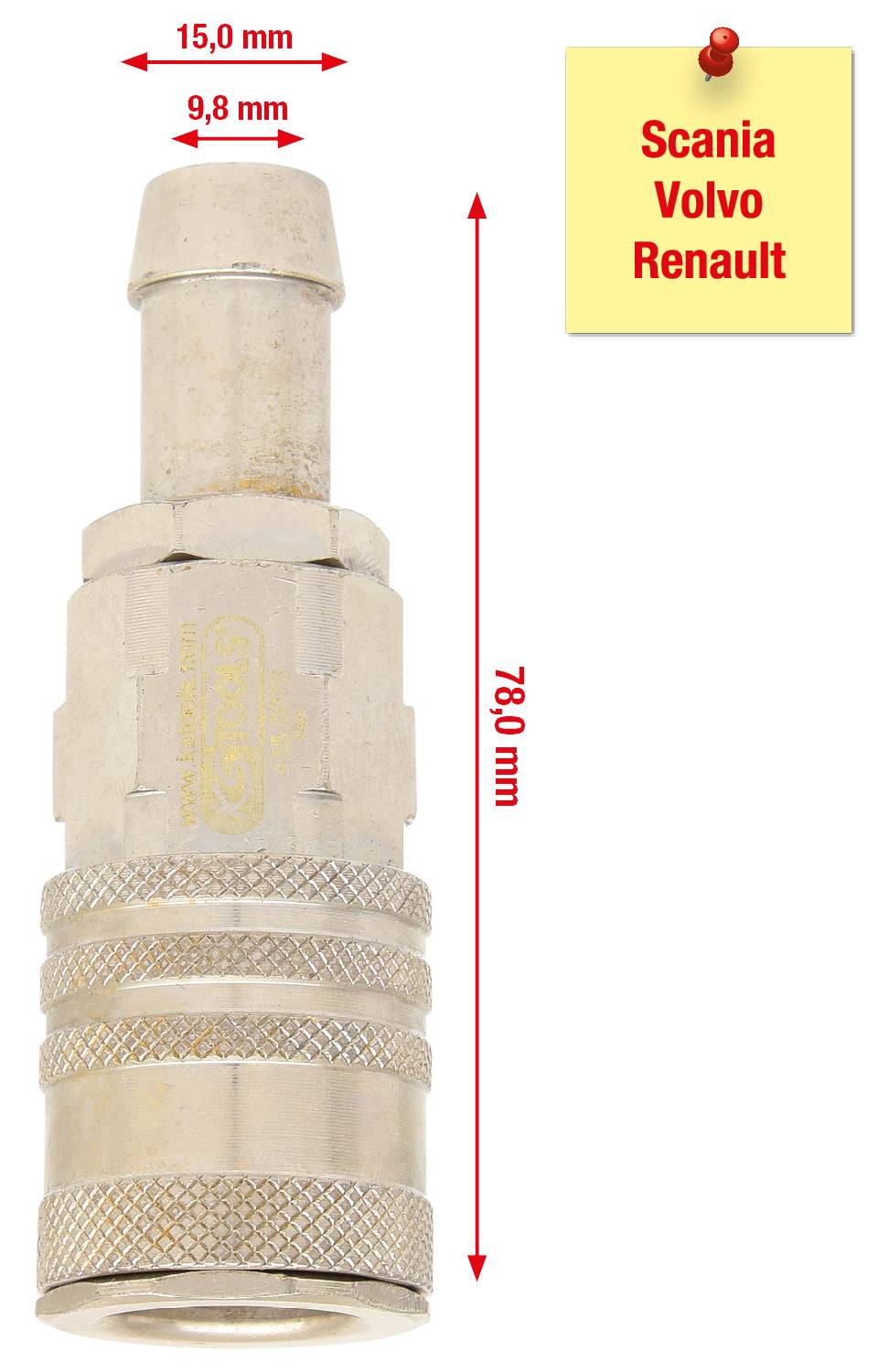 'Metallventiladapter, 78,0 mm Länge, 15,0 mm Breite, 9,8 mm Durchmesser. Kompatibel mit Scania, Volvo, Renault.'