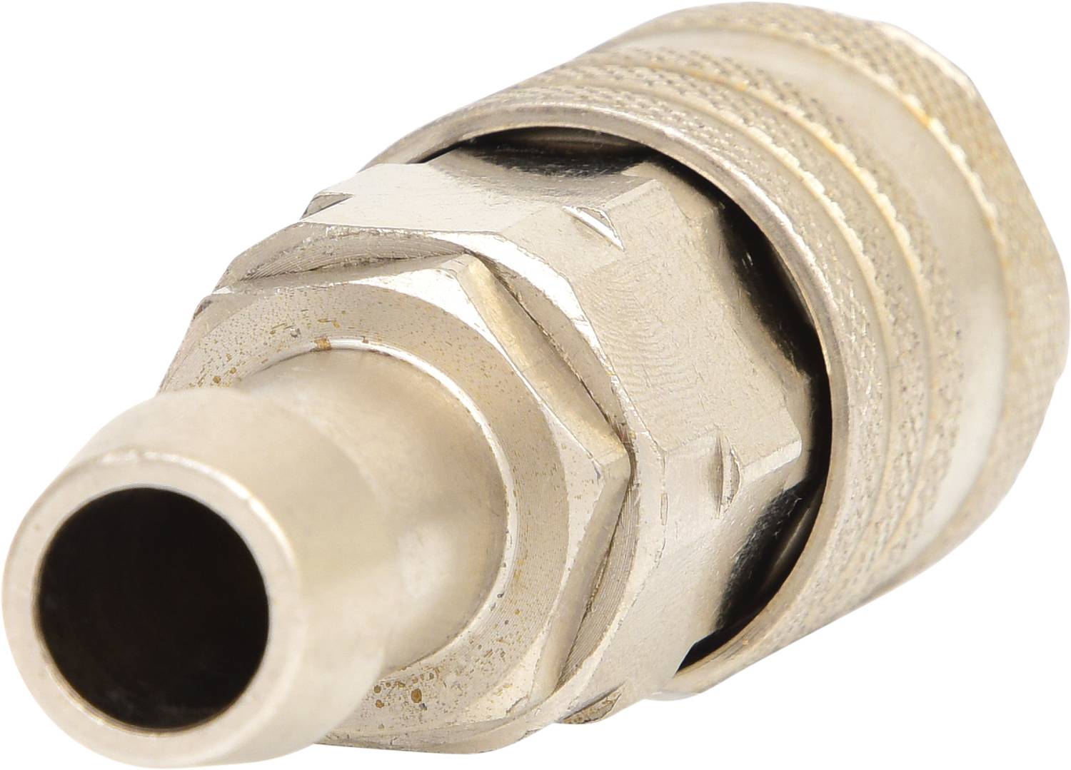 Eine silberne Metallkupplung mit geriffeltem Gewinde und abgerundeter Spitze, verwendet für hydraulische oder pneumatische Systeme.
