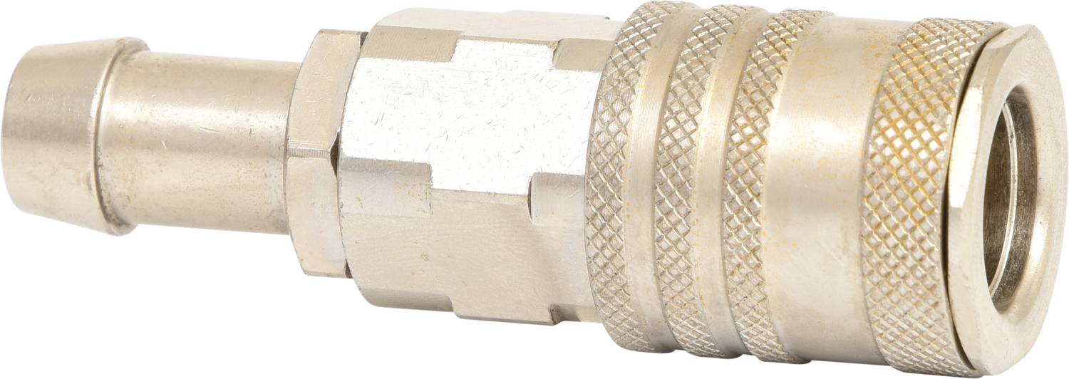 Ein Metall-Stecker mit Rillen für besseren Halt; wird verwendet, um unterschiedliche Schlauch- oder Kabelverbindungen sicher zusammenzuführen.
