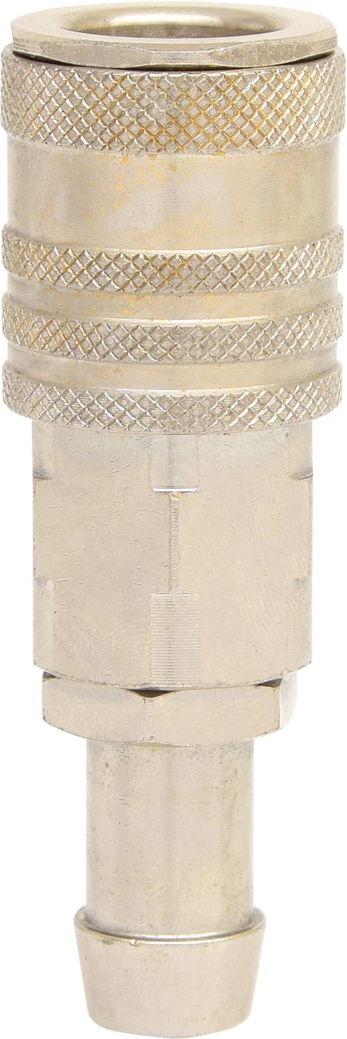 Silberne Schnellkupplung aus Metall mit geriffelter Oberfläche, verwendet zur Verbindung von Schläuchen oder Rohren in Druckluftsystemen.