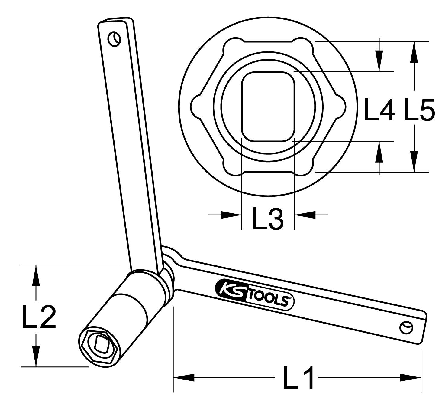 Abbildung eines mechanischen Werkzeugs mit verschiedenen Längenbezeichnungen: L1, L2, L3, L4, L5. 'KS Tools' auf dem Griff.
